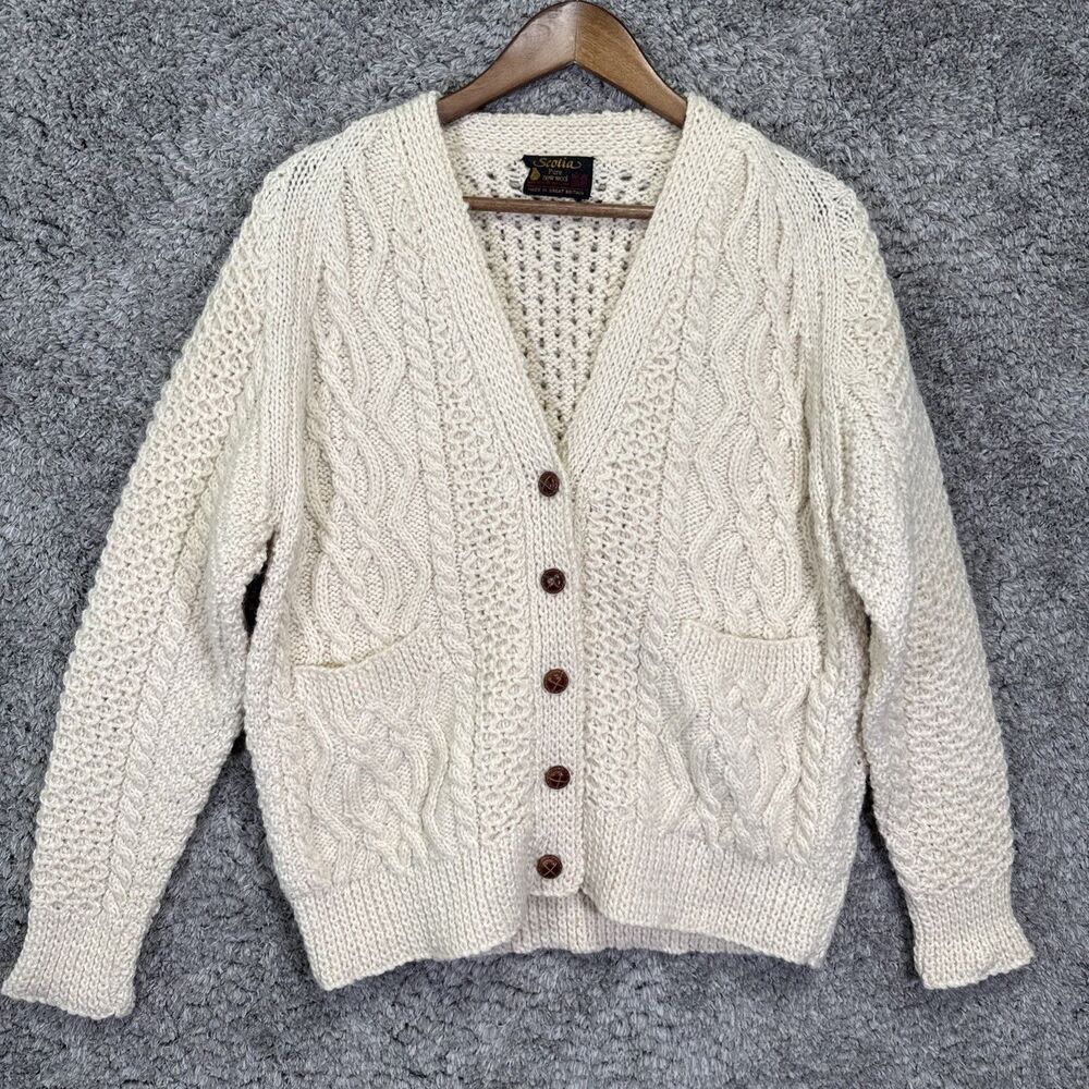 Vintage Scotia Pure New Wool Cable Knit Sweater Cream Pockets Chunky Knit